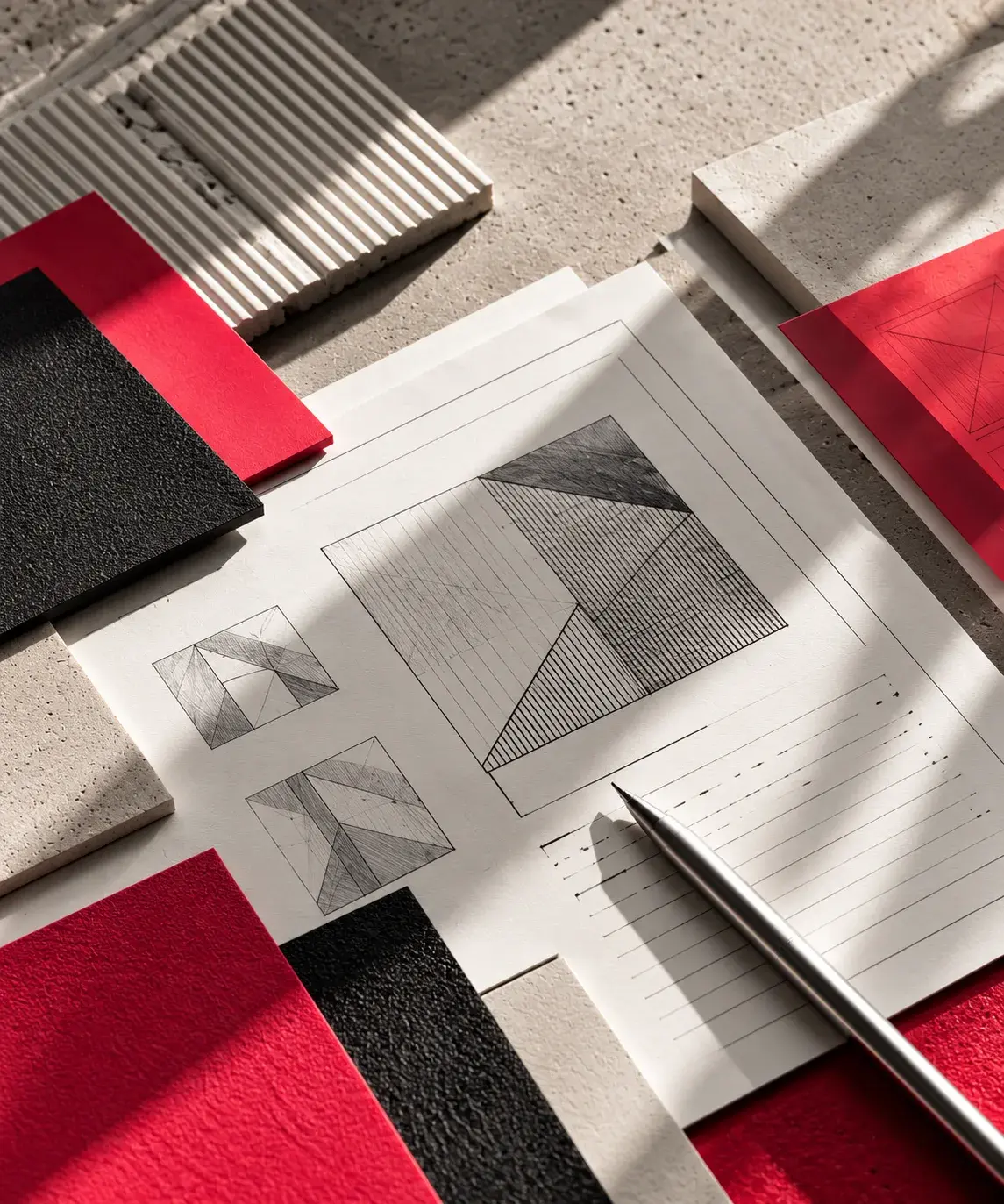 Skizzen, Materialmuster und Farbkarten fuer einen Website-Entwurf