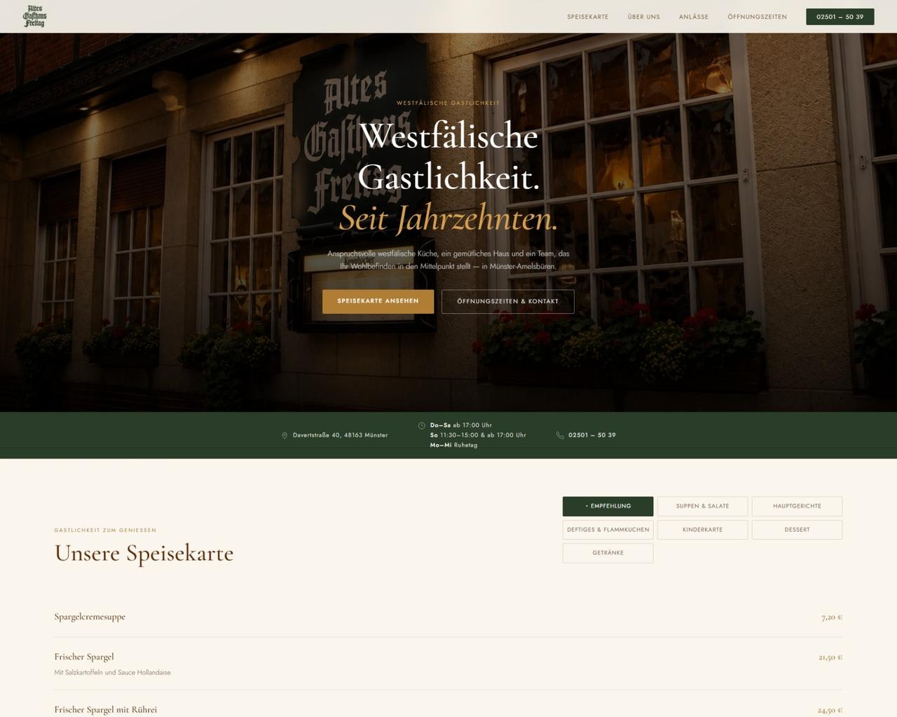 Website Altes Gasthaus Freitag — westfälische Gastlichkeit