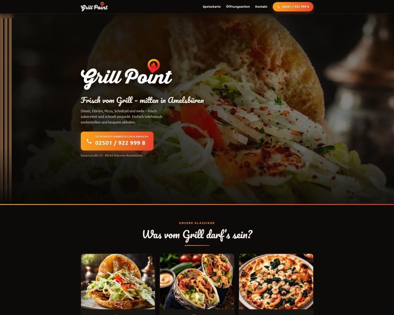 Website Grill Point — dunkler Look mit interaktiver Speisekarte