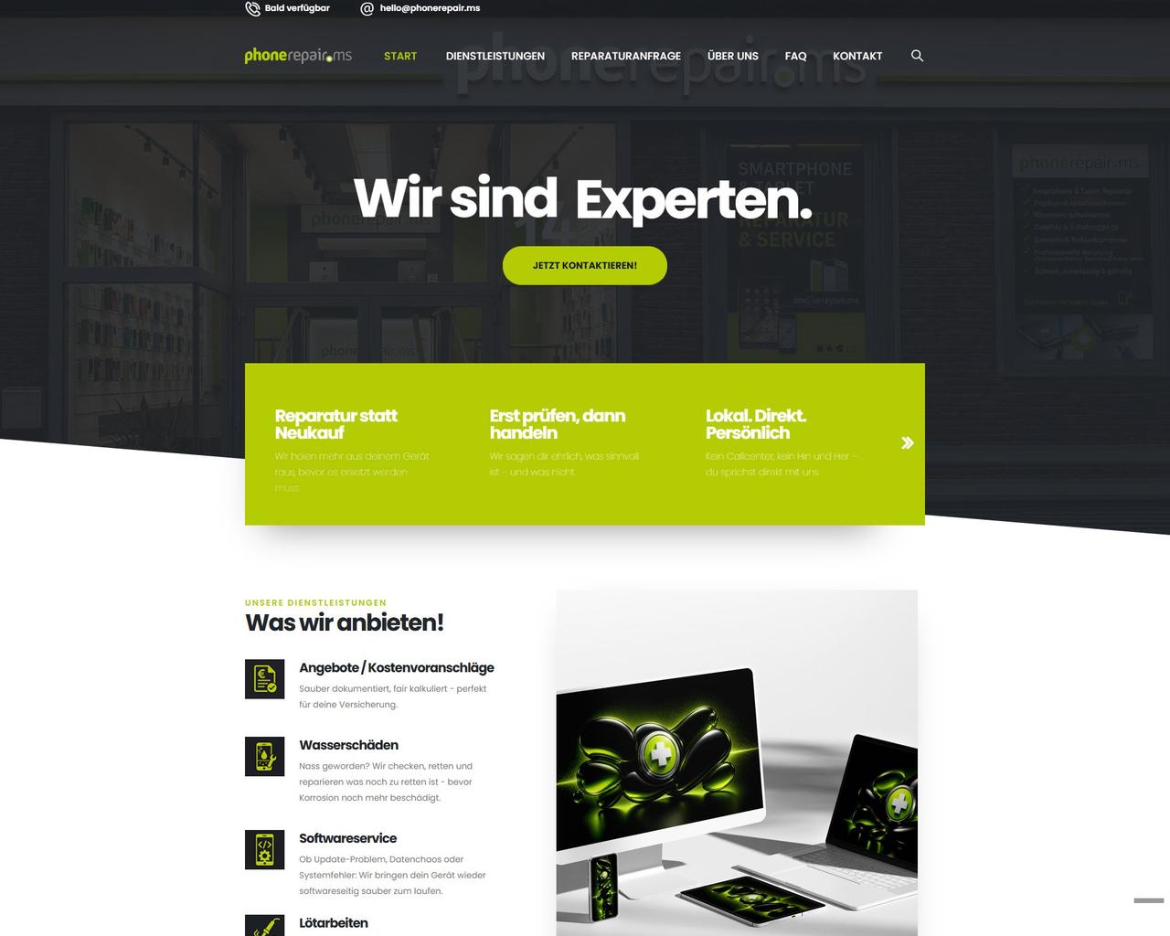 Website phonerepair.ms — Smartphone-Reparatur mit Buchungs-Widget